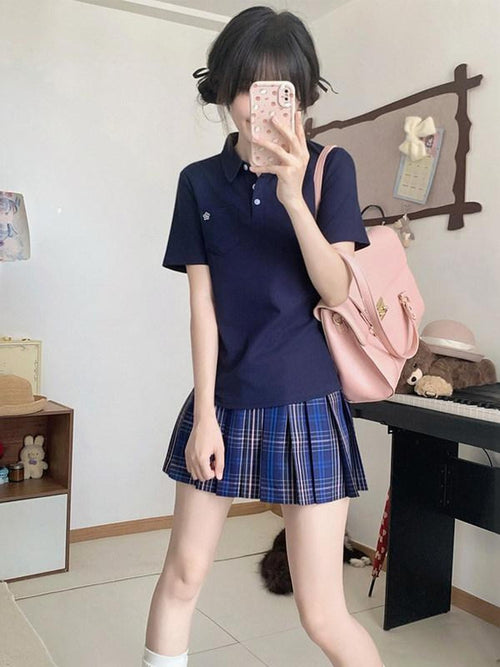 Sweet Kawaii JK Collared Polo Pleated Plaid Jk Schoolgirl Women's Polyester Skirt Sets