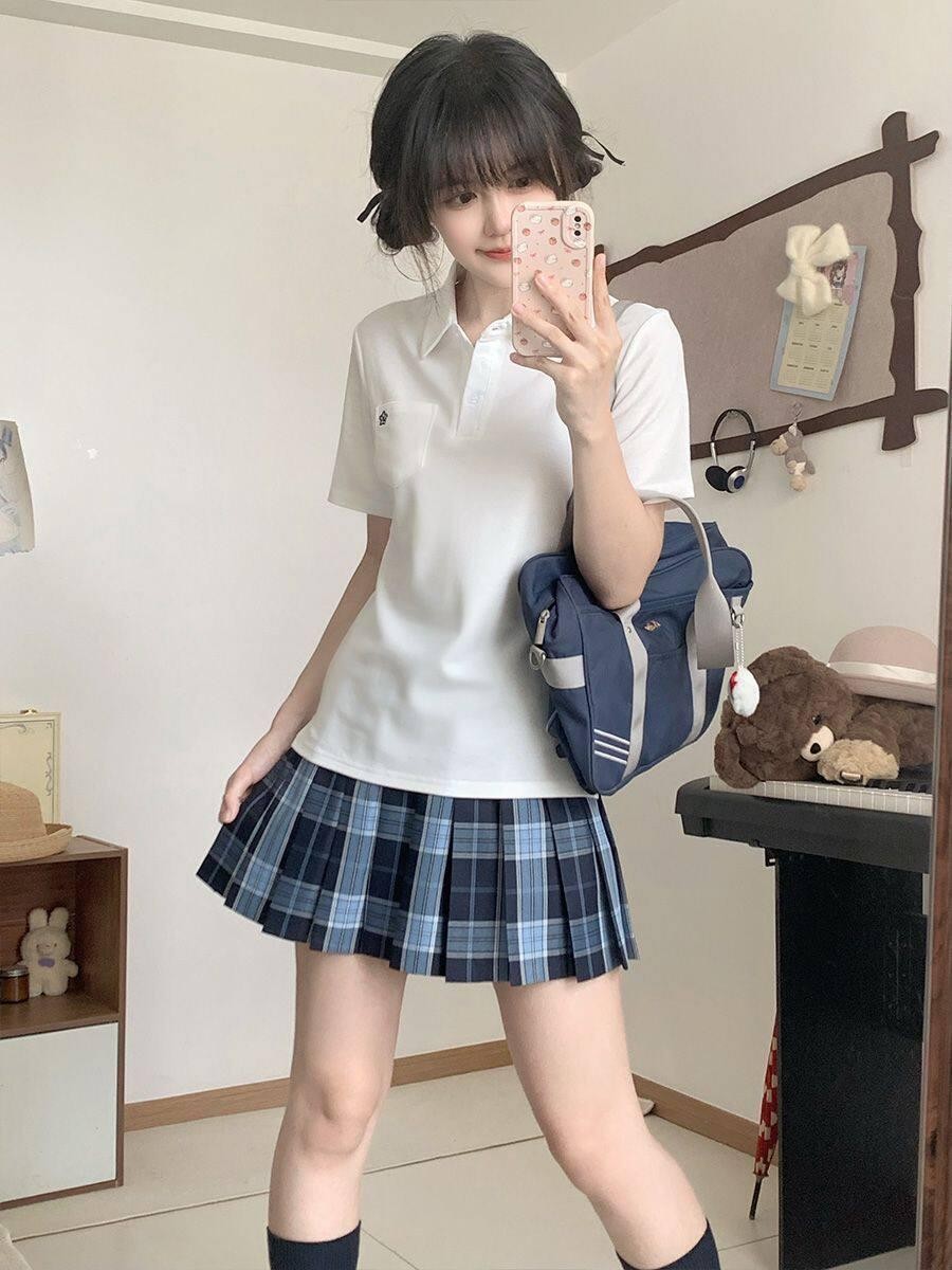 Sweet Kawaii JK Collared Polo Pleated Plaid Jk Schoolgirl Women's Polyester Skirt Sets