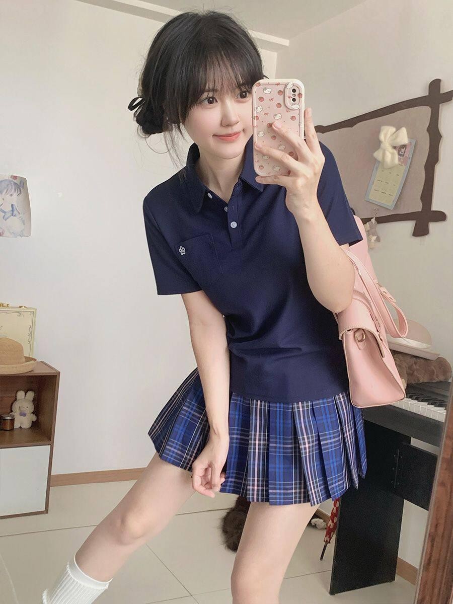 Sweet Kawaii JK Collared Polo Pleated Plaid Jk Schoolgirl Women's Polyester Skirt Sets