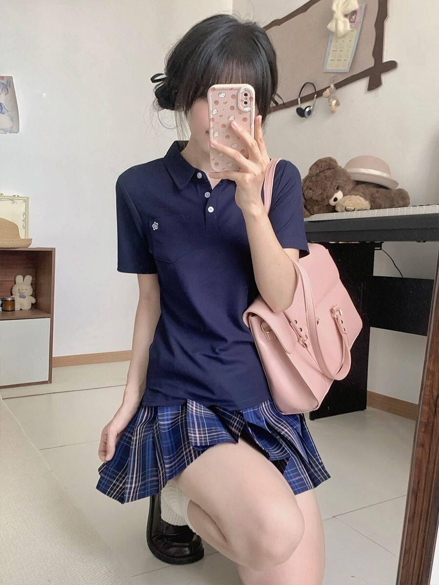 Sweet Kawaii JK Collared Polo Pleated Plaid Jk Schoolgirl Women's Polyester Skirt Sets