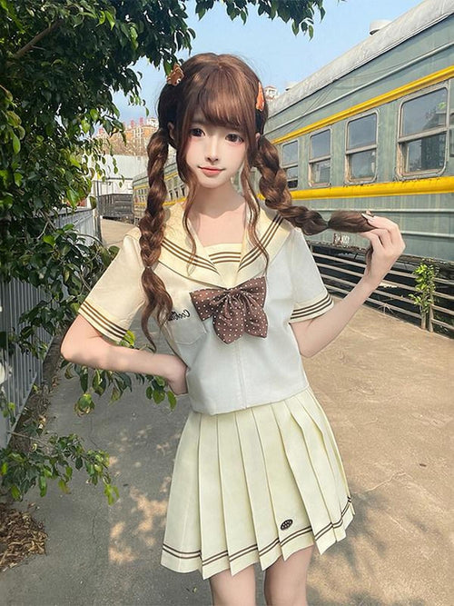 Sweet Kawaii JK Cookie Wave Sailor Collar Long Sleeve Short Skirt Women's Polyester Skirt Sets