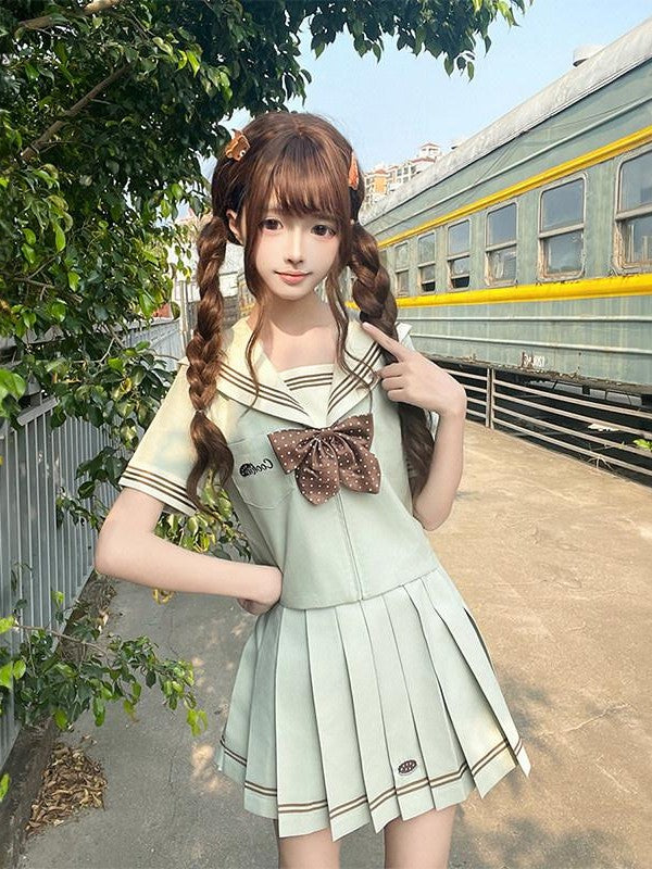 Sweet Kawaii JK Cookie Wave Sailor Collar Long Sleeve Short Skirt Women's Polyester Skirt Sets