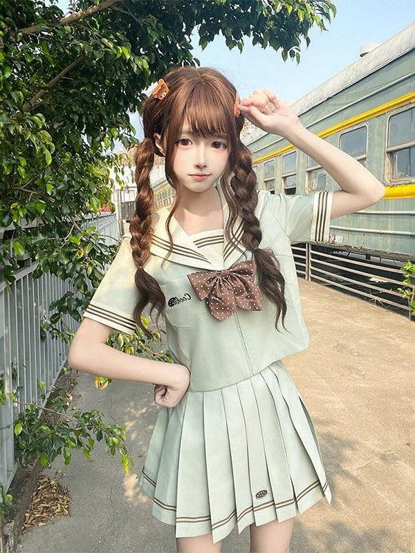 Sweet Kawaii JK Cookie Wave Sailor Collar Long Sleeve Short Skirt Women's Polyester Skirt Sets