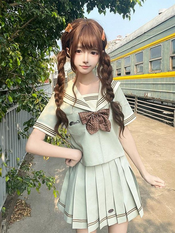 Sweet Kawaii JK Cookie Wave Sailor Collar Long Sleeve Short Skirt Women's Polyester Skirt Sets