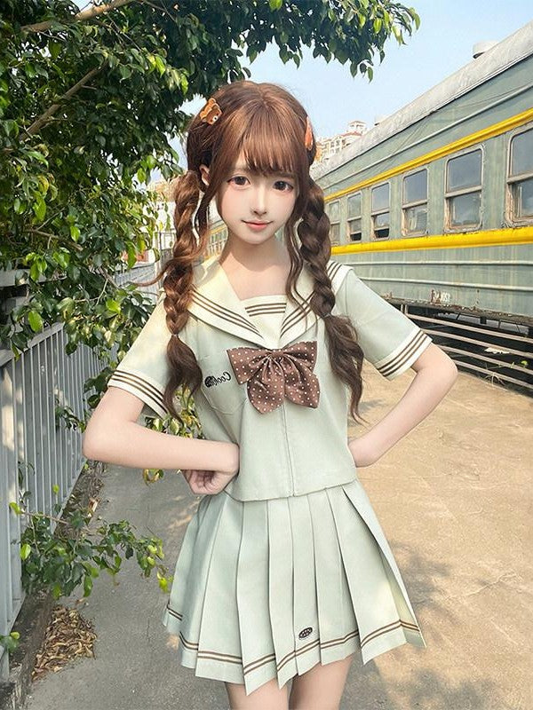 Sweet Kawaii JK Cookie Wave Sailor Collar Long Sleeve Short Skirt Women's Polyester Skirt Sets