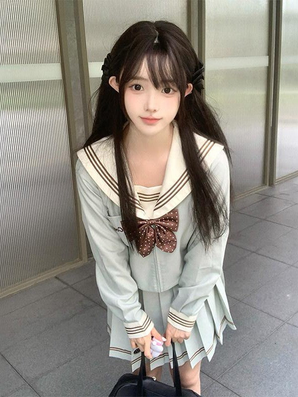 Sweet Kawaii JK Cookie Wave Sailor Collar Long Sleeve Short Skirt Women's Polyester Skirt Sets