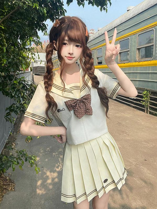 Sweet Kawaii JK Cookie Wave Sailor Collar Long Sleeve Short Skirt Women's Polyester Skirt Sets
