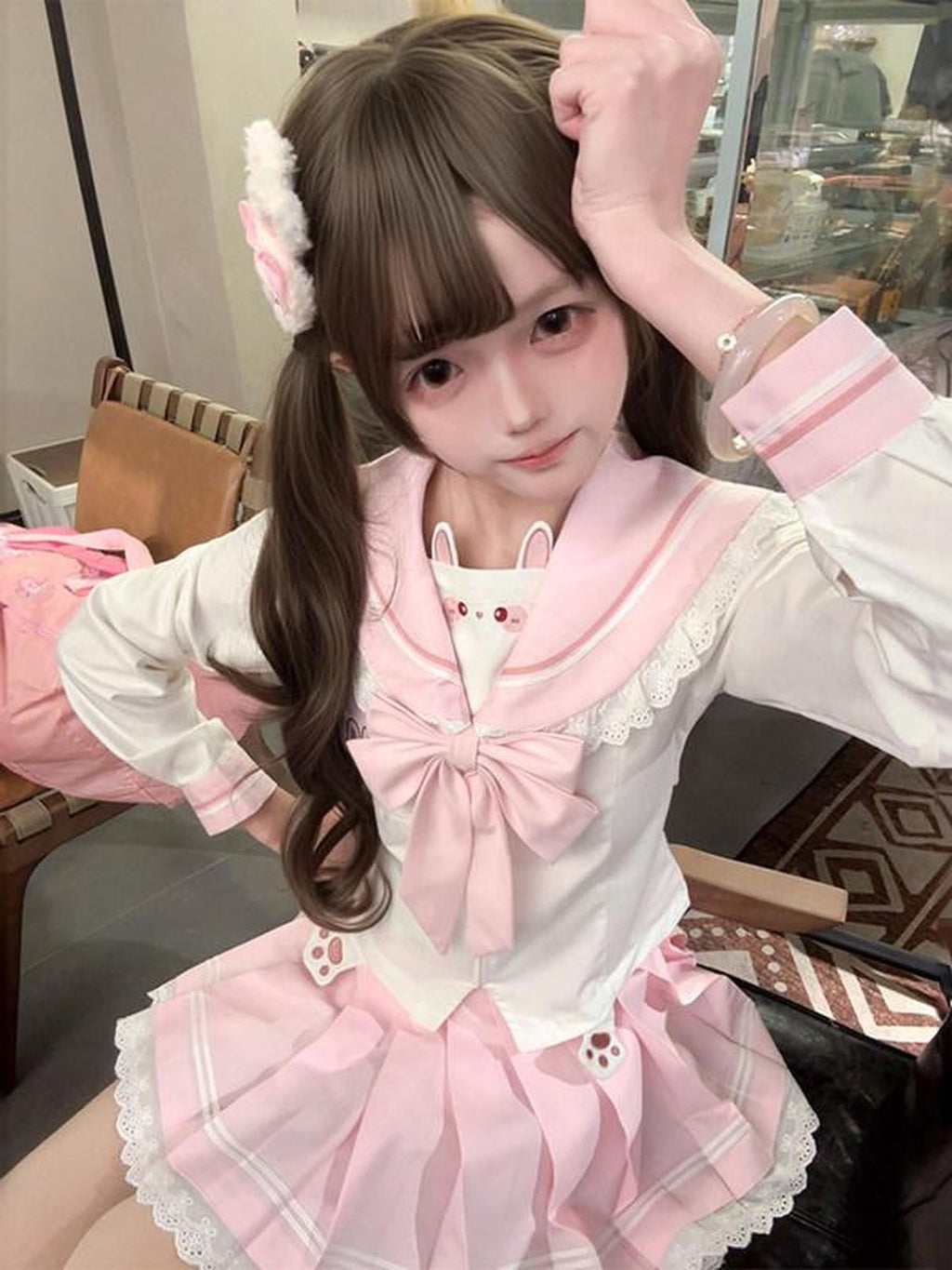 Sweet Kawaii JK Cute Bunny Cinched Waist Sailor Lapel Collar Women's Polyester Skirt Sets