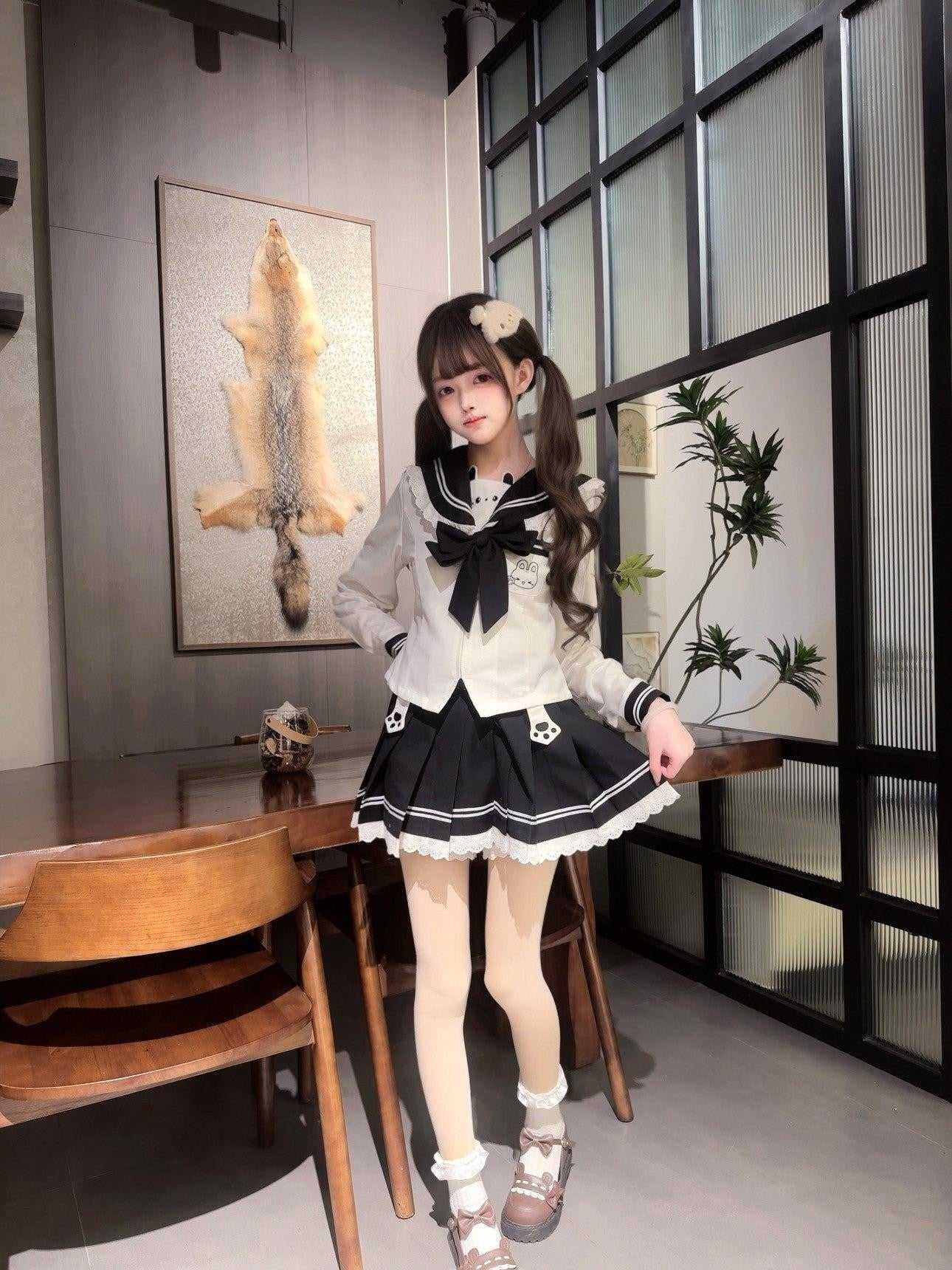 Sweet Kawaii JK Cute Bunny Cinched Waist Sailor Lapel Collar Women's Polyester Skirt Sets