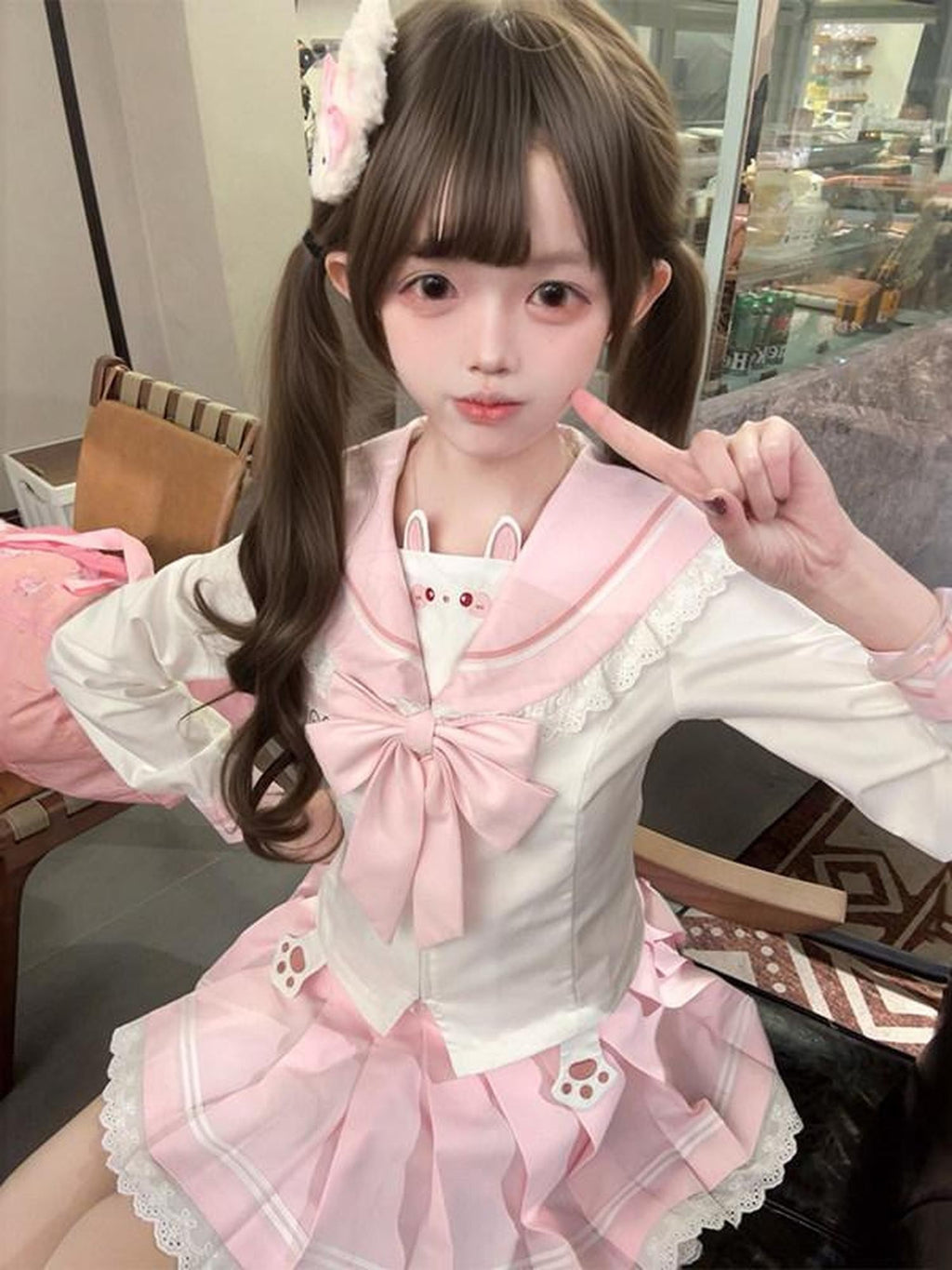 Sweet Kawaii JK Cute Bunny Cinched Waist Sailor Lapel Collar Women's Polyester Skirt Sets