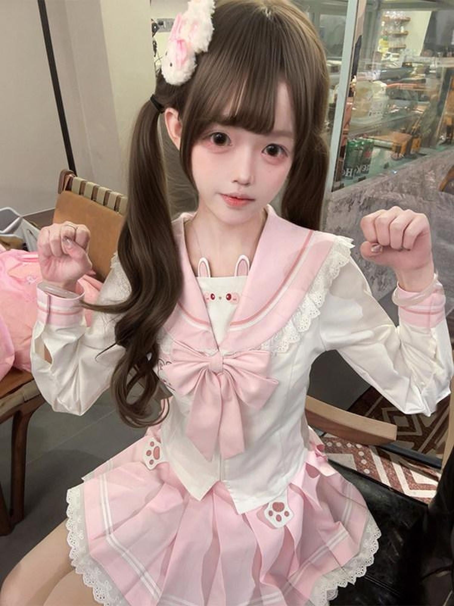 Sweet Kawaii JK Cute Bunny Cinched Waist Sailor Lapel Collar Women's Polyester Skirt Sets