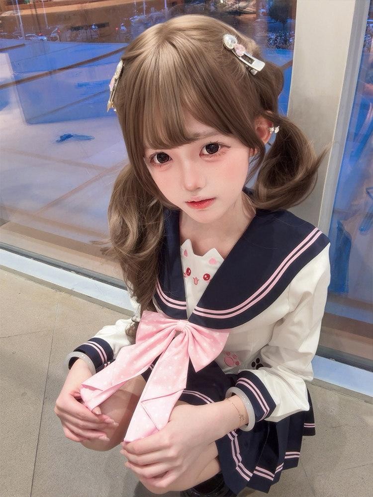 Sweet Kawaii JK Cute Cinched Waist Sailor Jk Lapel Collar Women's Polyester Skirt Sets