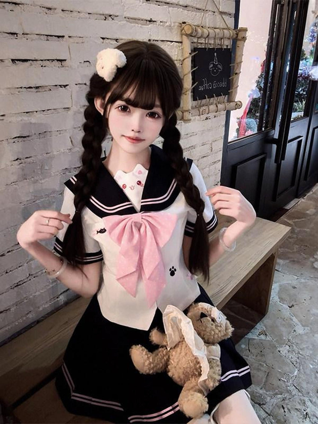 Sweet Kawaii JK Cute Cinched Waist Sailor Jk Lapel Collar Women's Polyester Skirt Sets
