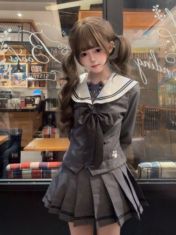 Sweet Kawaii JK Cute Cinched Waist Sailor Jk Lapel Collar Women's Polyester Skirt Sets