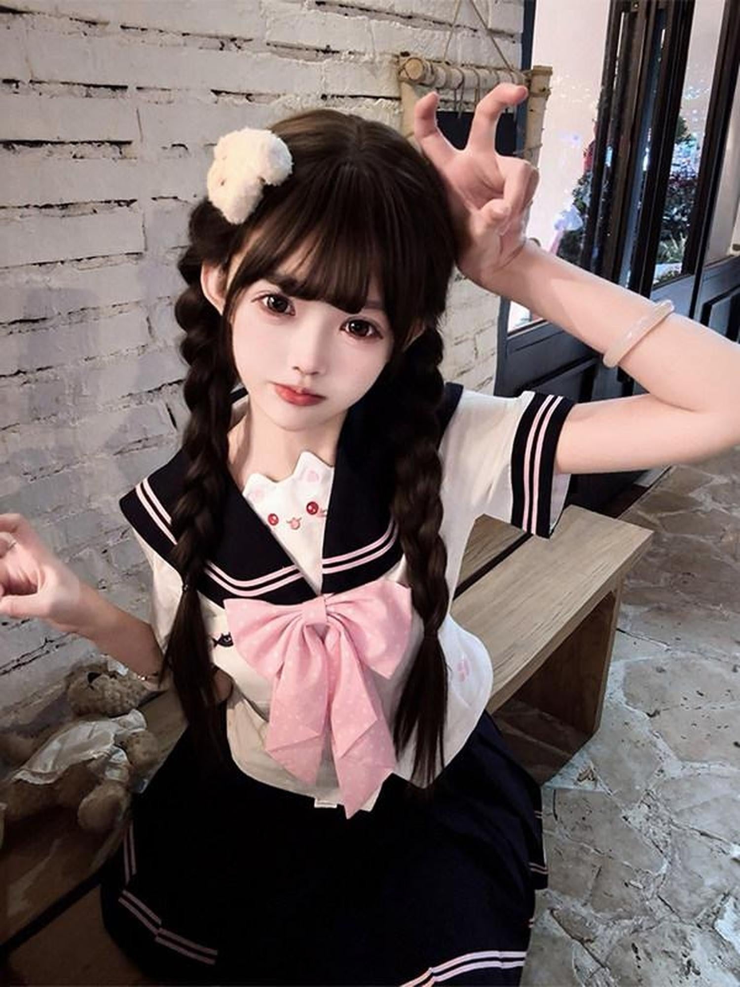 Sweet Kawaii JK Cute Cinched Waist Sailor Jk Lapel Collar Women's Polyester Skirt Sets