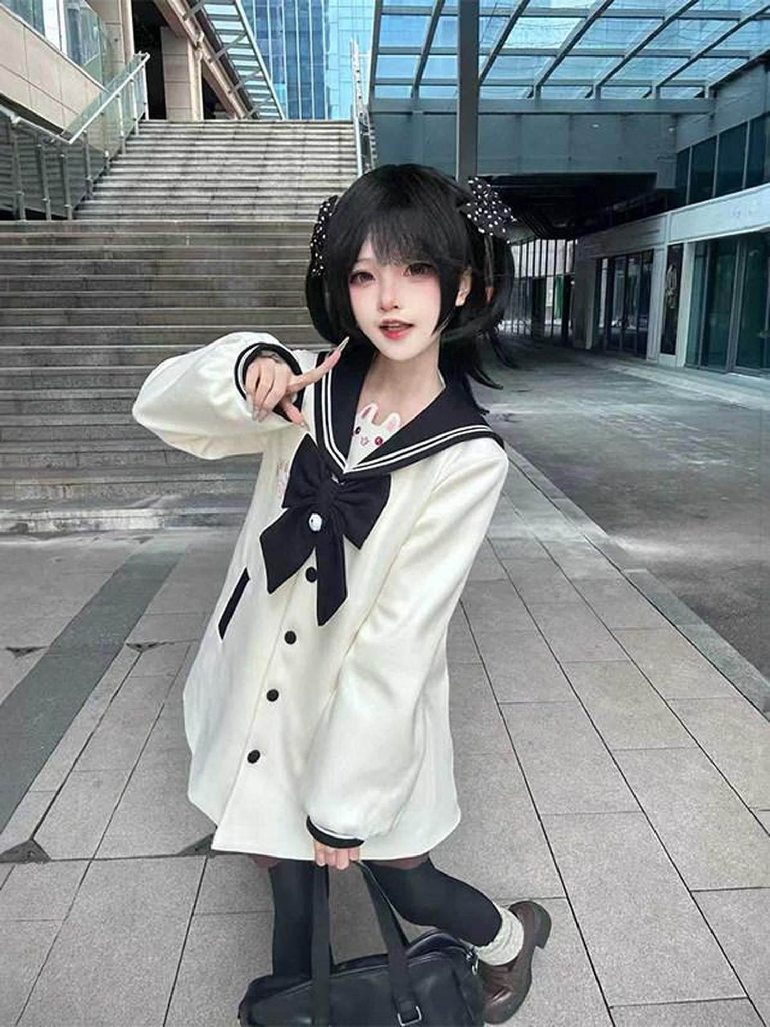 Sweet Kawaii JK Cute Embroidered Rabbit Tail Bow Jk Blue Women's Woolen Coats