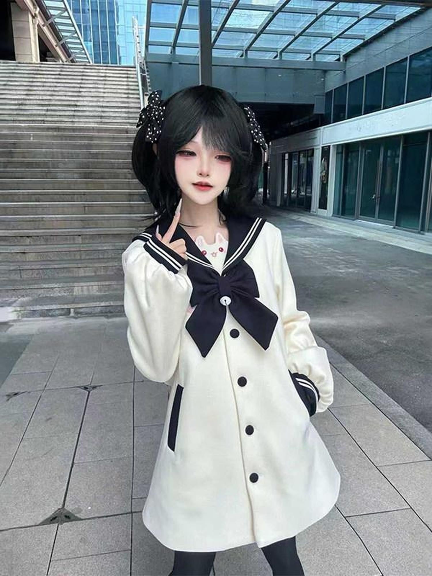 Sweet Kawaii JK Cute Embroidered Rabbit Tail Bow Jk Blue Women's Woolen Coats