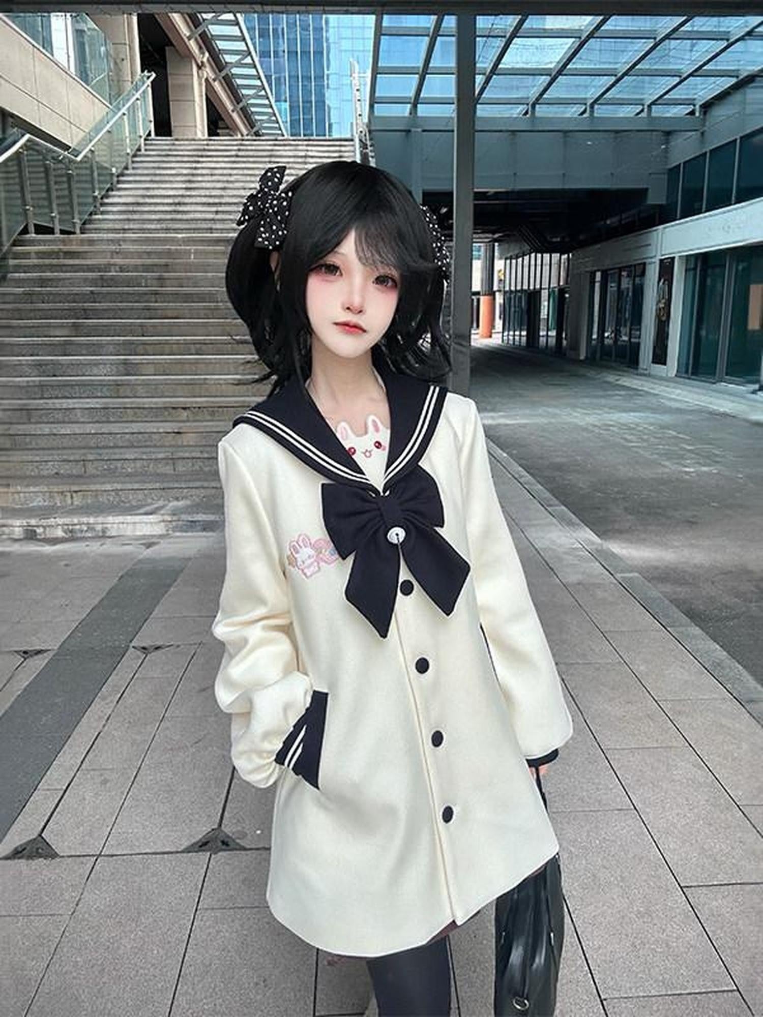 Sweet Kawaii JK Cute Embroidered Rabbit Tail Bow Jk Blue Women's Woolen Coats