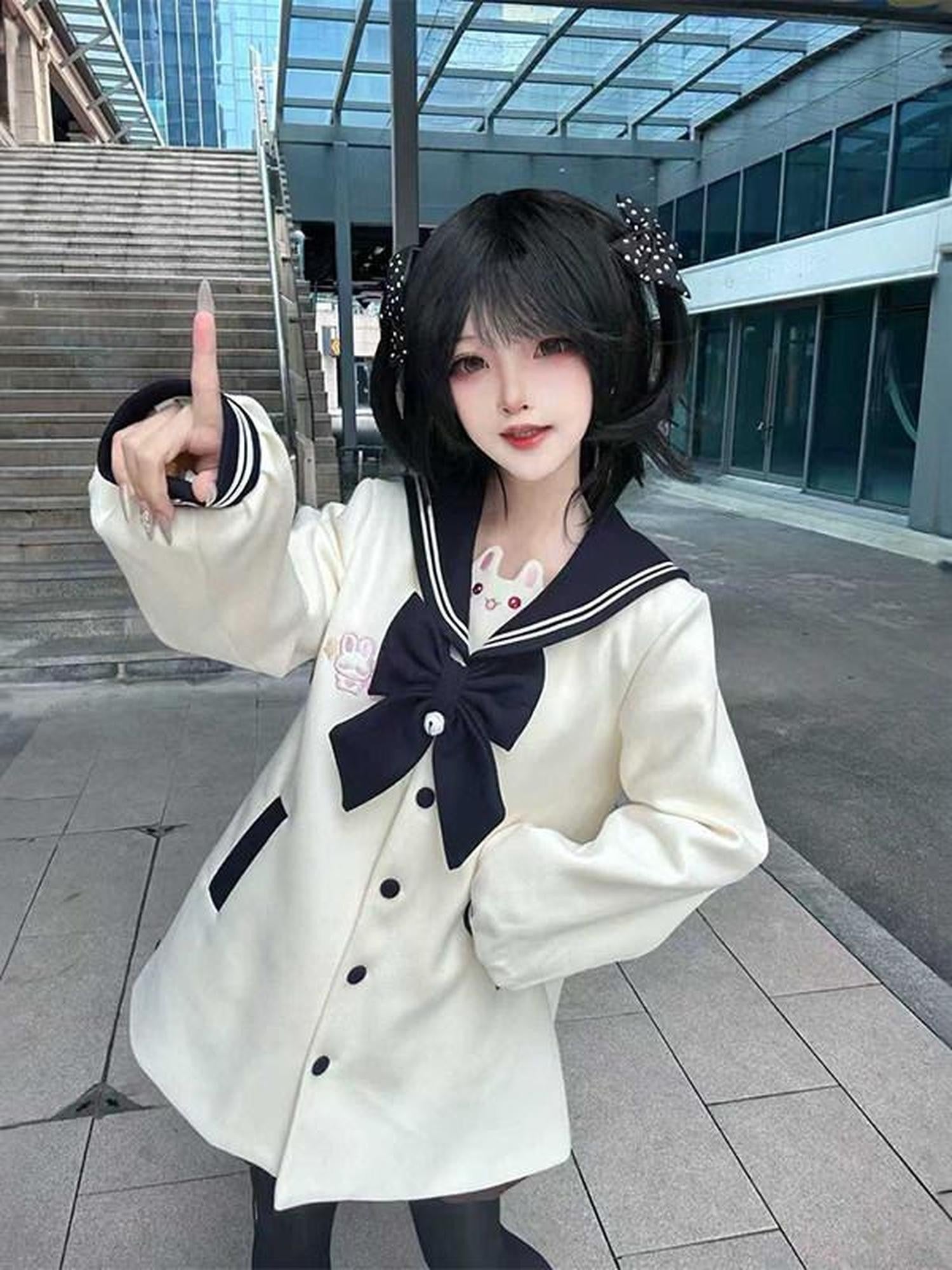 Sweet Kawaii JK Cute Embroidered Rabbit Tail Bow Jk Blue Women's Woolen Coats