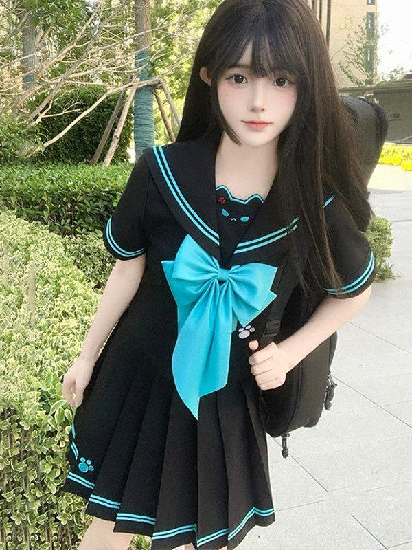 Sweet Kawaii JK Cute Jk Sailor Collar Cinched Waist Short Sleeve Women's Polyester Skirt Sets