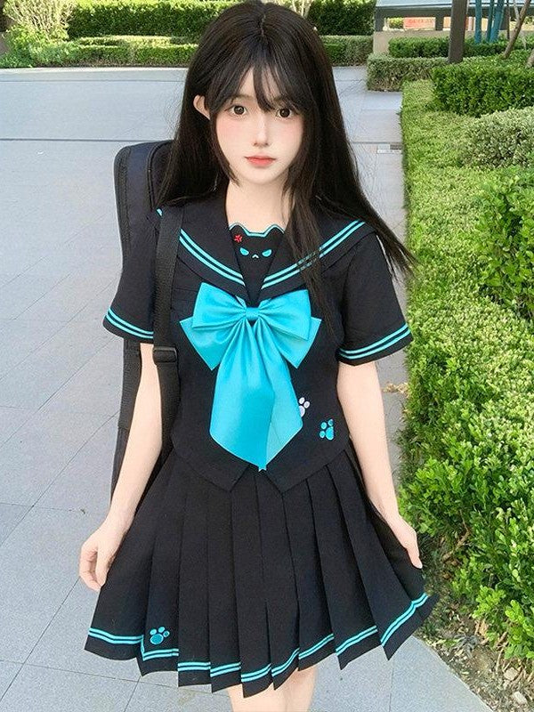Sweet Kawaii JK Cute Jk Sailor Collar Cinched Waist Short Sleeve Women's Polyester Skirt Sets
