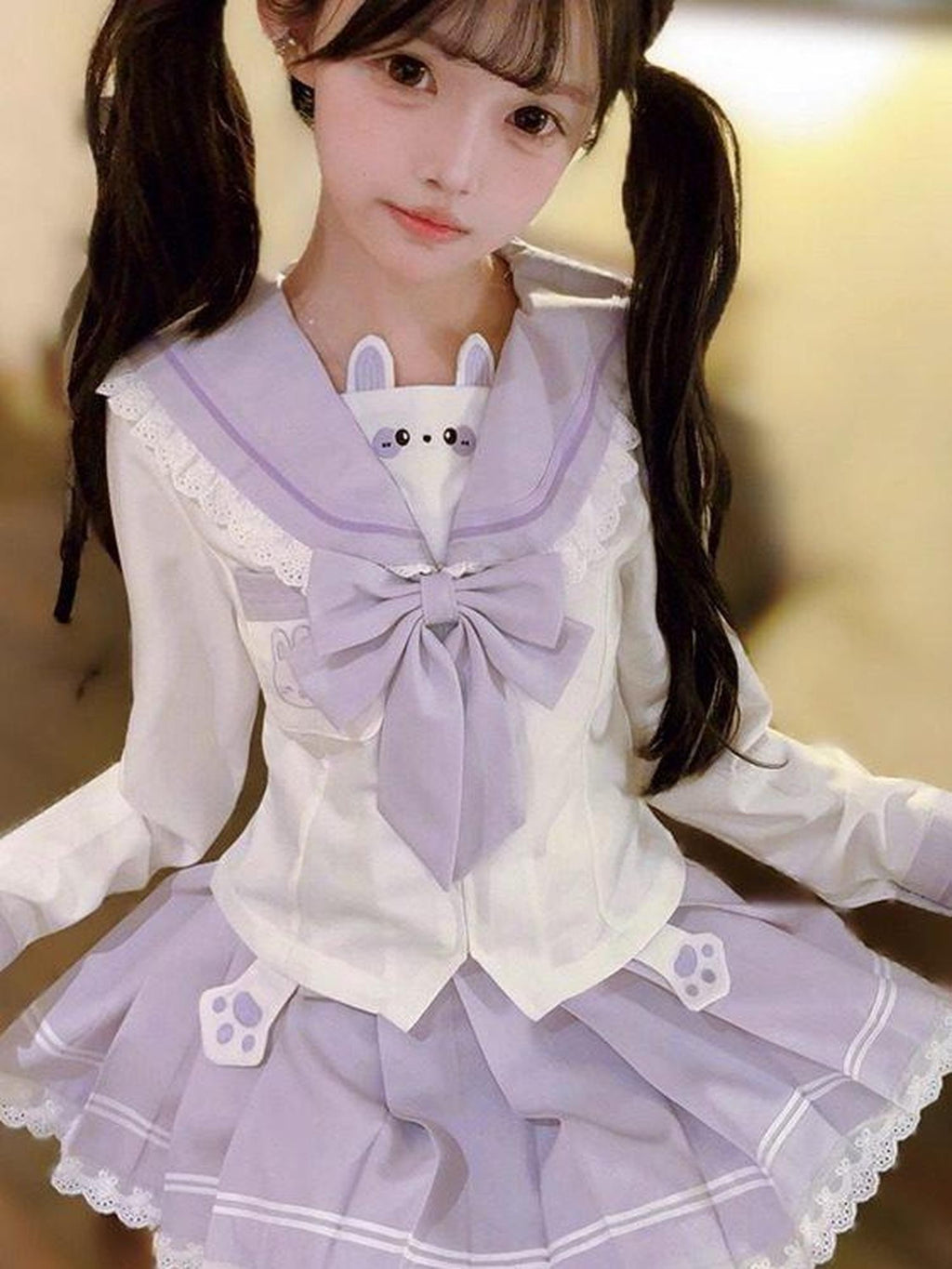 Sweet Kawaii JK Cute Rabbit Jk Sailor Cinched Waist Women's Polyester Skirt Sets