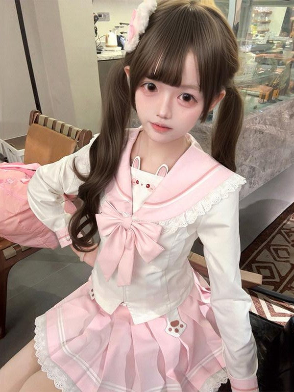 Sweet Kawaii JK Cute Rabbit Jk Sailor Cinched Waist Women's Polyester Skirt Sets