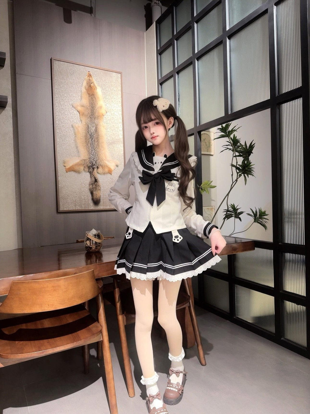 Sweet Kawaii JK Cute Rabbit Jk Sailor Cinched Waist Women's Polyester Skirt Sets