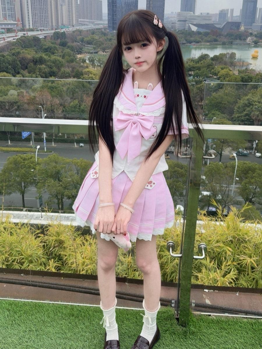 Sweet Kawaii JK Cute Rabbit Jk Sailor Cinched Waist Women's Polyester Skirt Sets