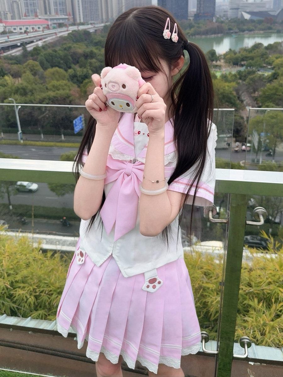 Sweet Kawaii JK Cute Rabbit Jk Sailor Cinched Waist Women's Polyester Skirt Sets
