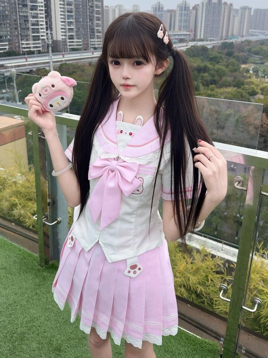 Sweet Kawaii JK Cute Rabbit Jk Sailor Cinched Waist Women's Polyester Skirt Sets