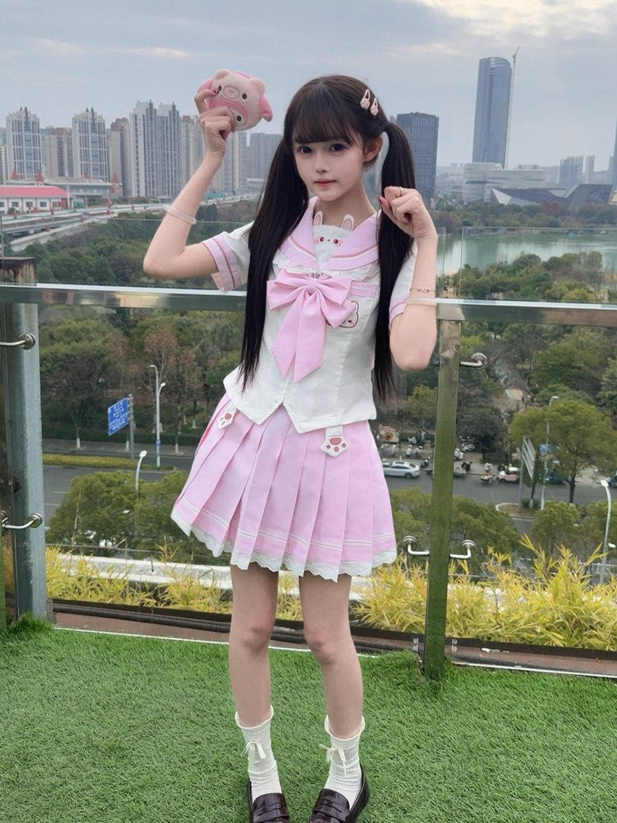 Sweet Kawaii JK Cute Rabbit Jk Sailor Cinched Waist Women's Polyester Skirt Sets