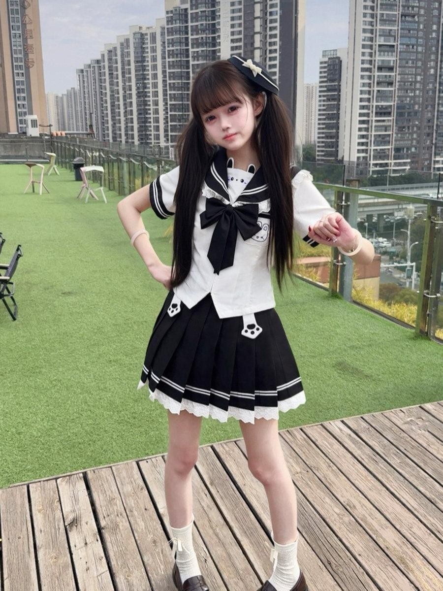 Sweet Kawaii JK Cute Rabbit Jk Sailor Cinched Waist Women's Polyester Skirt Sets