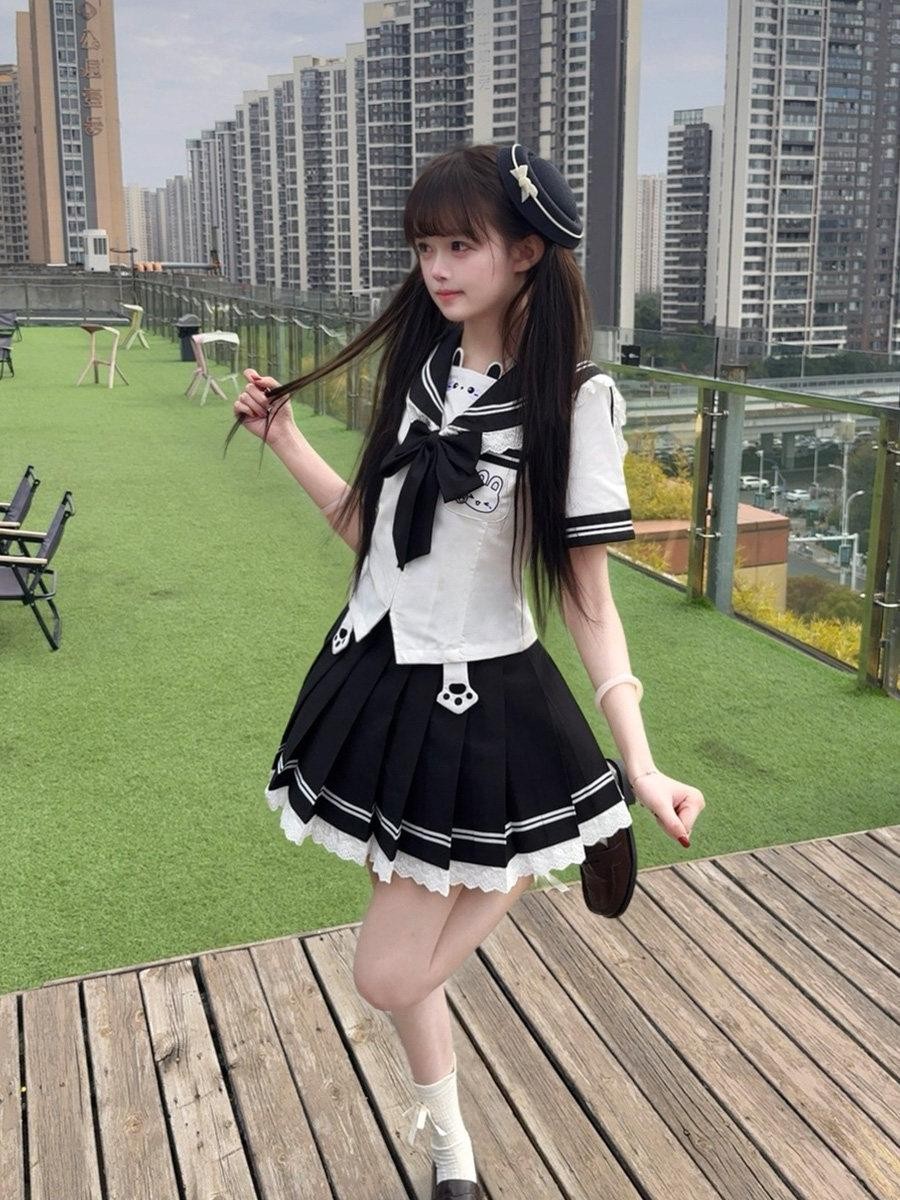 Sweet Kawaii JK Cute Rabbit Jk Sailor Cinched Waist Women's Polyester Skirt Sets