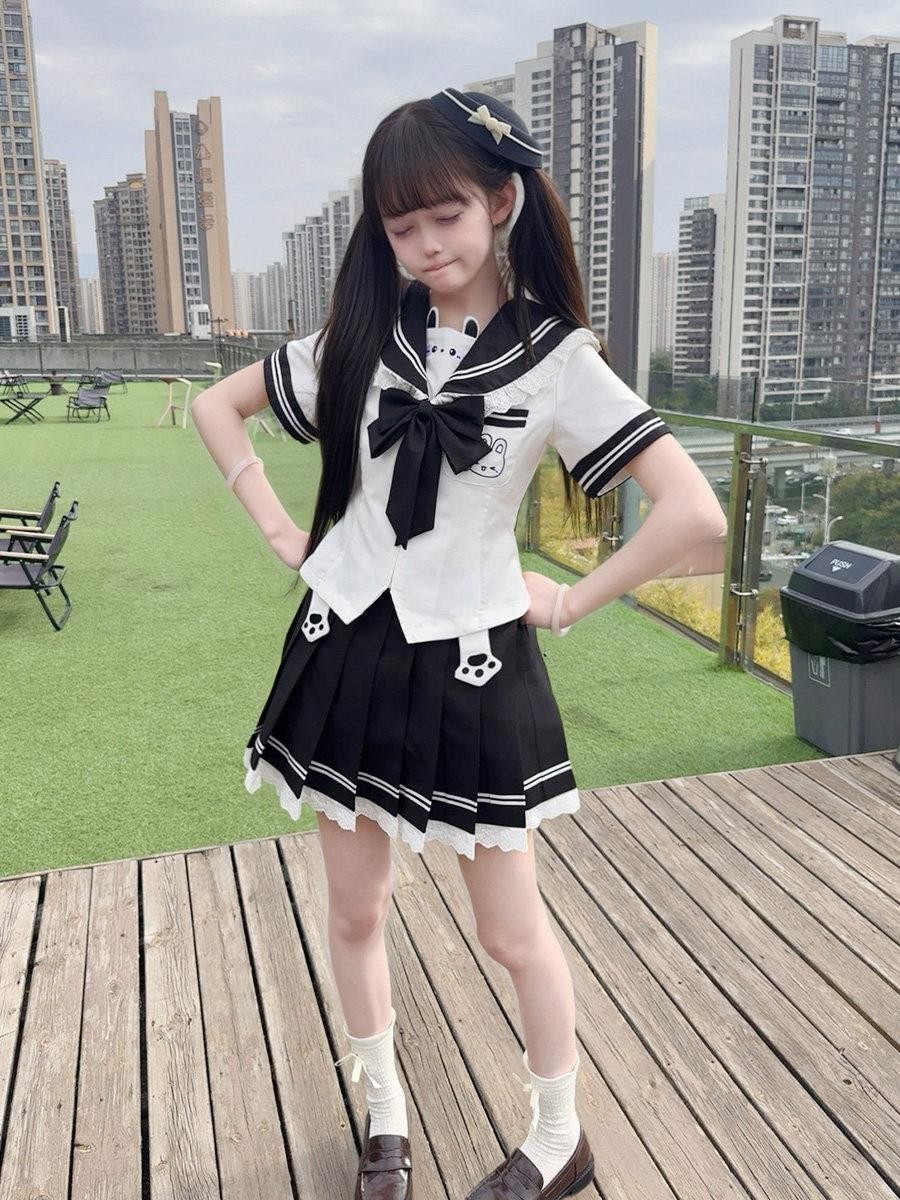 Sweet Kawaii JK Cute Rabbit Jk Sailor Cinched Waist Women's Polyester Skirt Sets