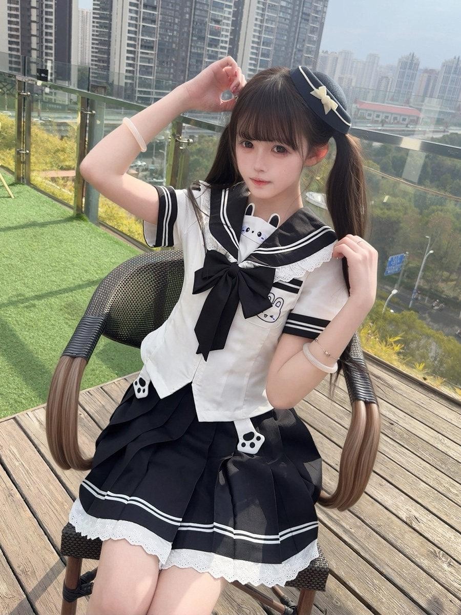 Sweet Kawaii JK Cute Rabbit Jk Sailor Cinched Waist Women's Polyester Skirt Sets