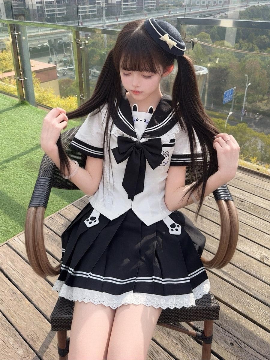 Sweet Kawaii JK Cute Rabbit Jk Sailor Cinched Waist Women's Polyester Skirt Sets
