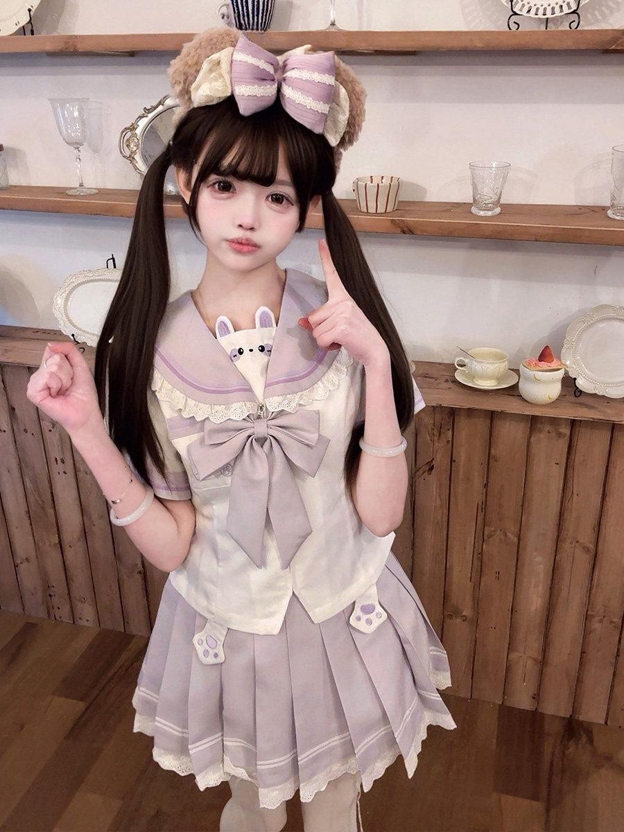 Sweet Kawaii JK Cute Rabbit Jk Sailor Cinched Waist Women's Polyester Skirt Sets