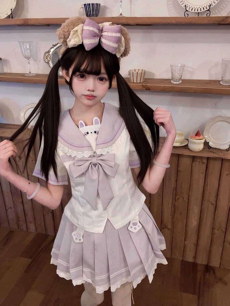 Sweet Kawaii JK Cute Rabbit Jk Sailor Cinched Waist Women's Polyester Skirt Sets