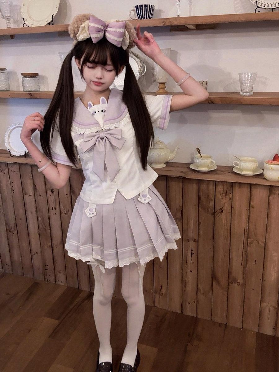 Sweet Kawaii JK Cute Rabbit Jk Sailor Cinched Waist Women's Polyester Skirt Sets