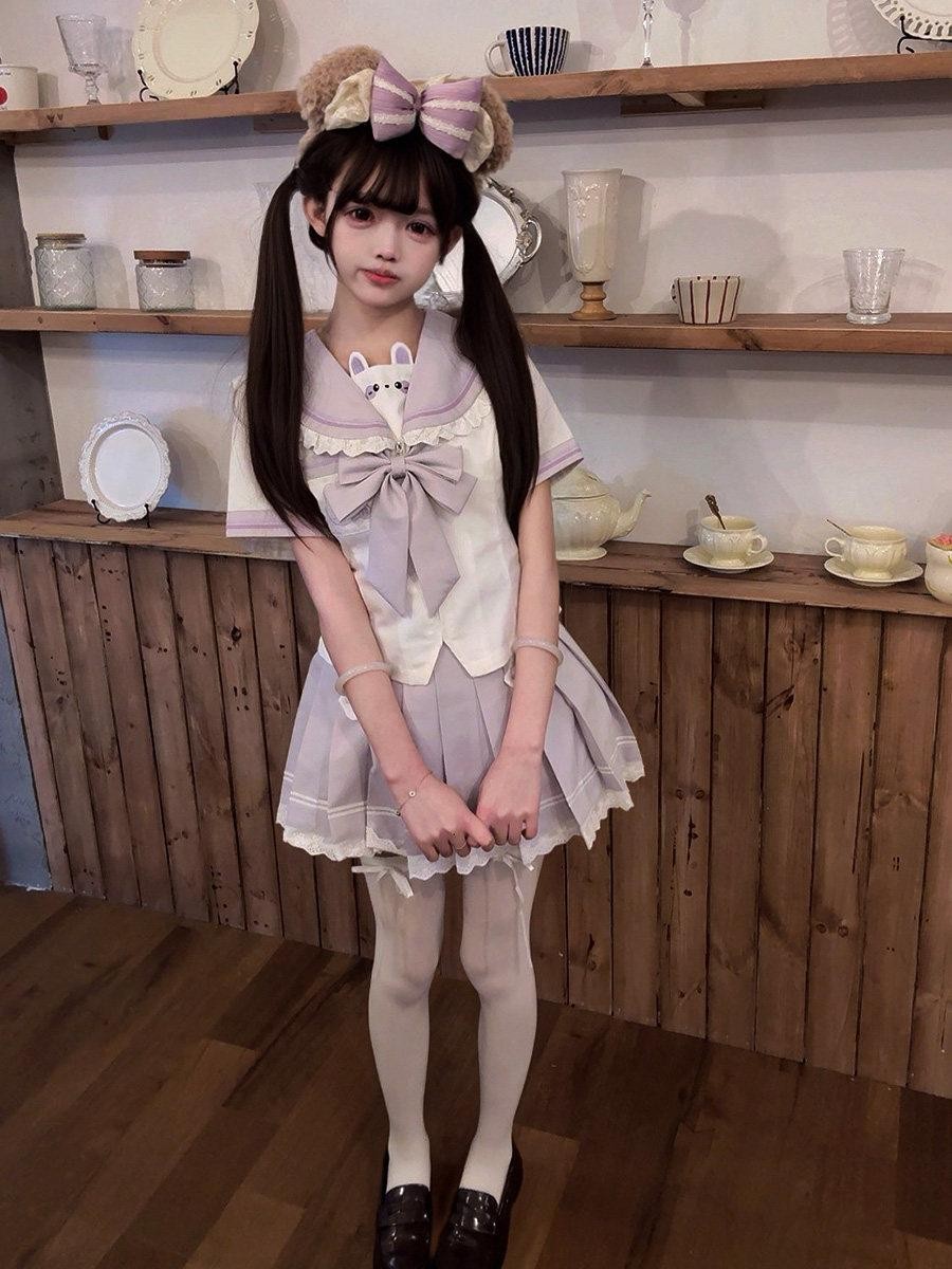 Sweet Kawaii JK Cute Rabbit Jk Sailor Cinched Waist Women's Polyester Skirt Sets