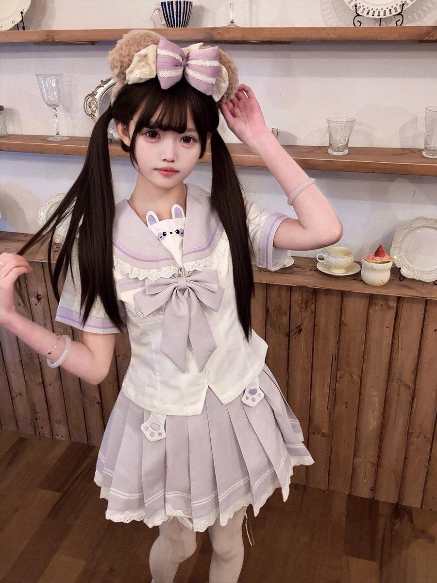 Sweet Kawaii JK Cute Rabbit Jk Sailor Cinched Waist Women's Polyester Skirt Sets