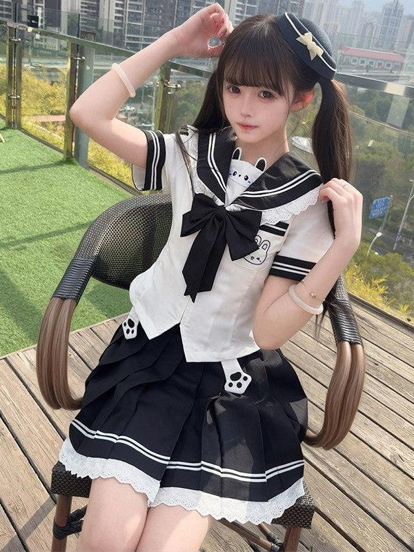 Sweet Kawaii JK Cute Rabbit Jk Sailor Cinched Waist Women's Polyester Skirt Sets