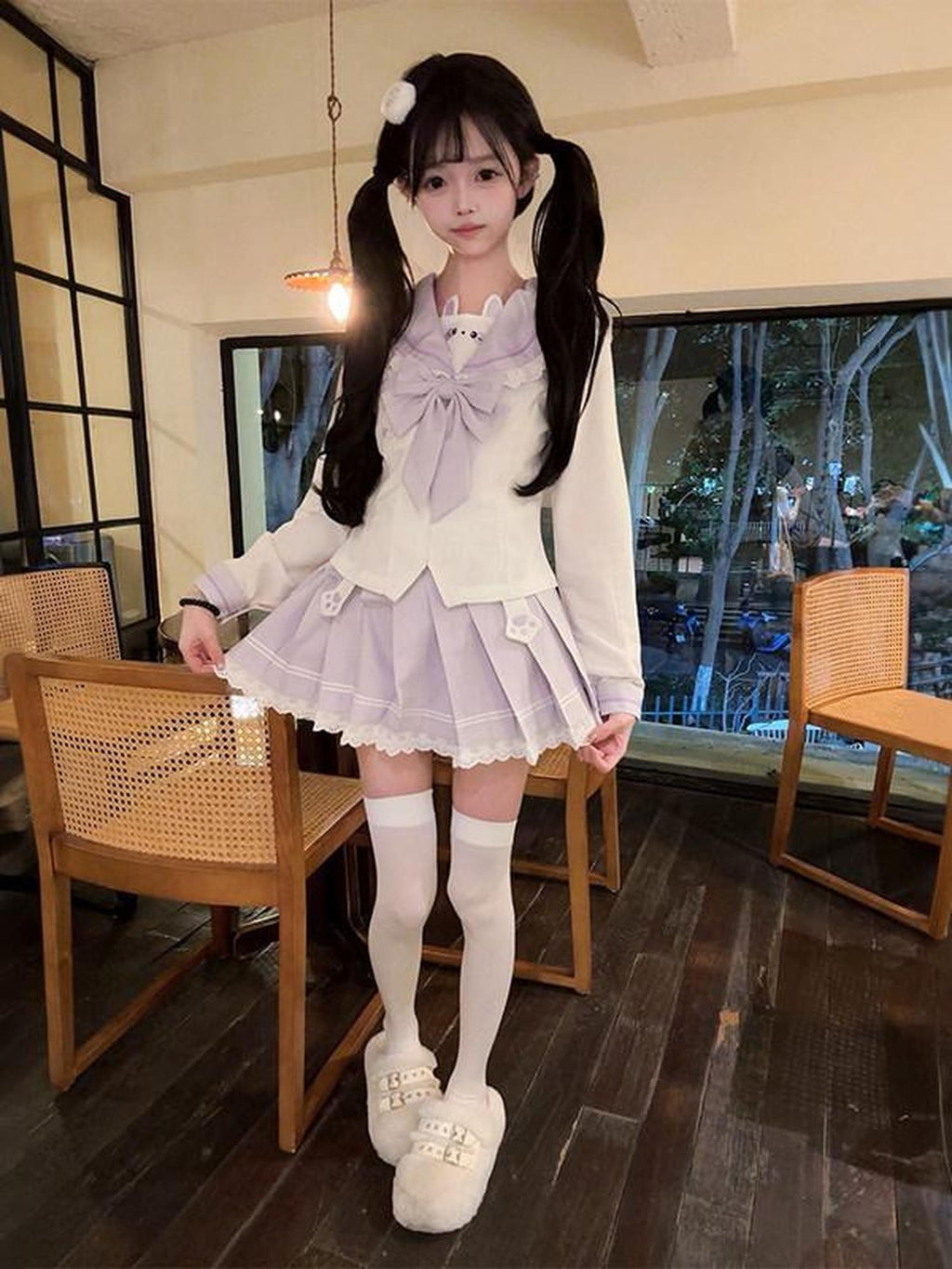 Sweet Kawaii JK Cute Rabbit Jk Sailor Cinched Waist Women's Polyester Skirt Sets