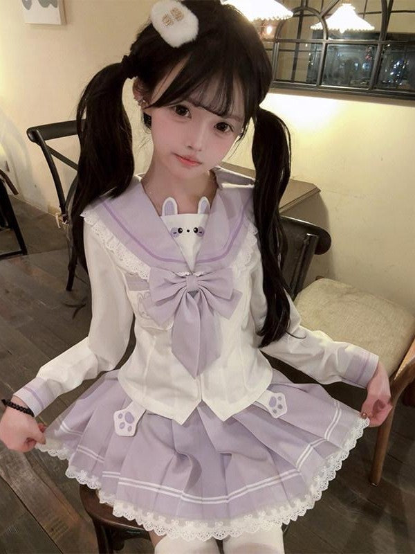 Sweet Kawaii JK Cute Rabbit Jk Sailor Cinched Waist Women's Polyester Skirt Sets