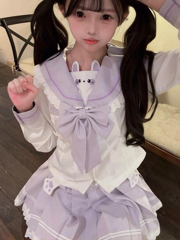 Sweet Kawaii JK Cute Rabbit Jk Sailor Cinched Waist Women's Polyester Skirt Sets