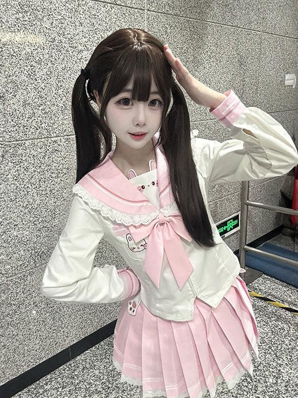 Sweet Kawaii JK Cute Rabbit Sailor Pleated Waist Tie Long Sleeve Women's Polyester Skirt Sets