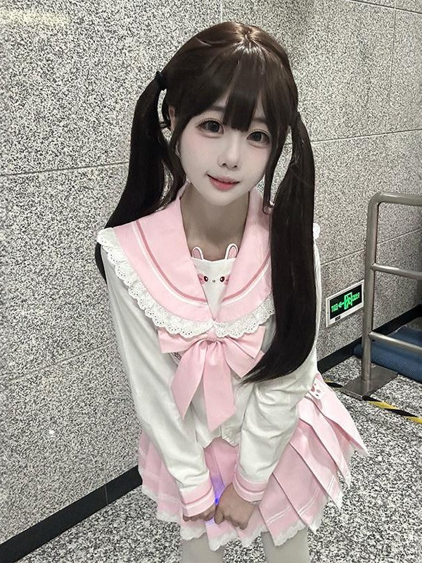 Sweet Kawaii JK Cute Rabbit Sailor Pleated Waist Tie Long Sleeve Women's Polyester Skirt Sets