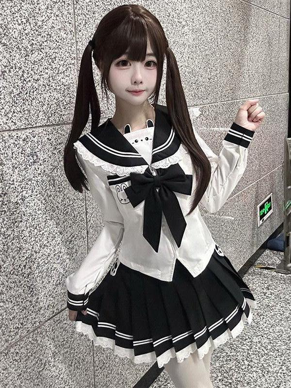 Sweet Kawaii JK Cute Rabbit Sailor Pleated Waist Tie Long Sleeve Women's Polyester Skirt Sets