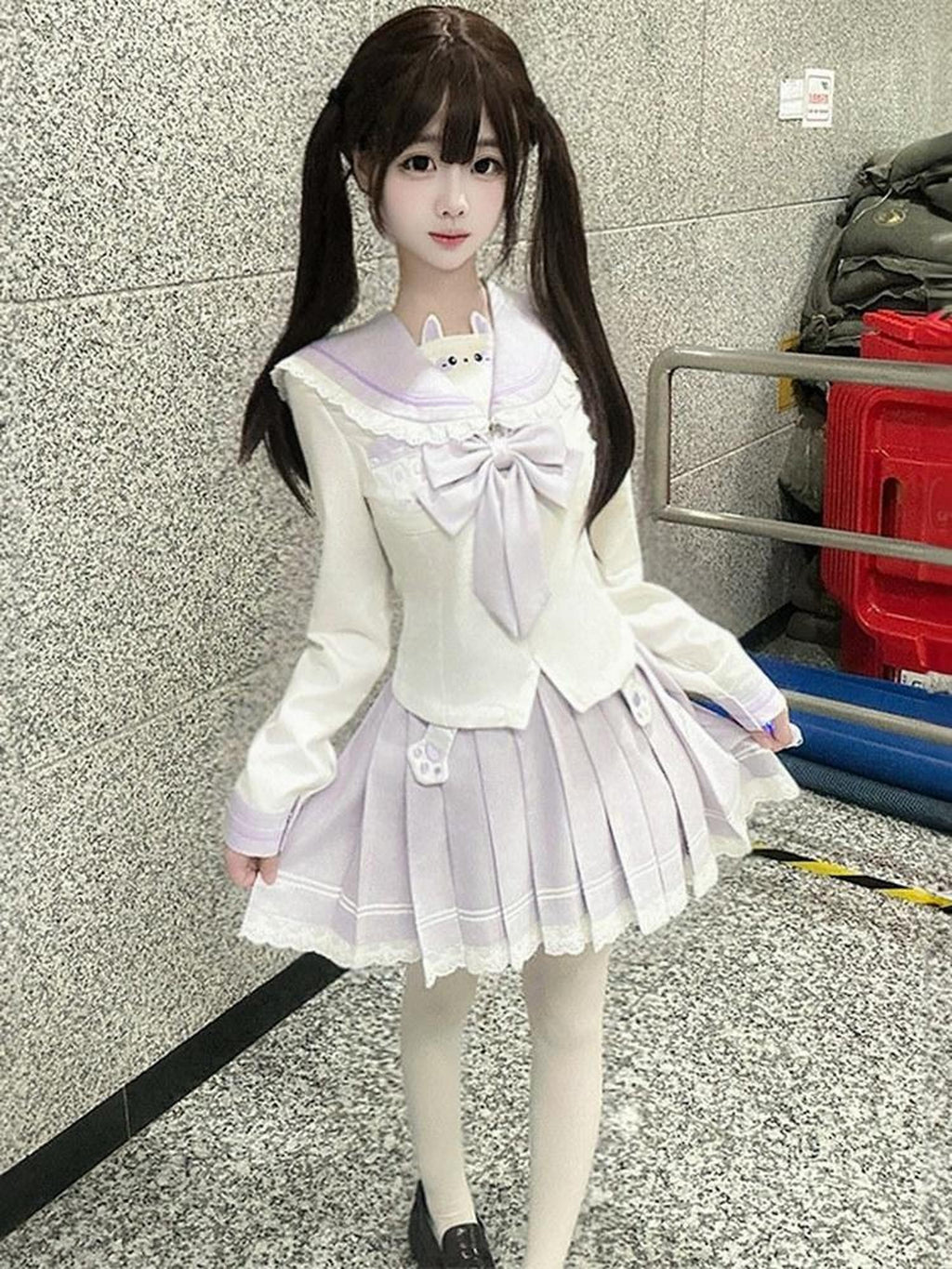 Sweet Kawaii JK Cute Rabbit Waist Cinched Sailor Collar Women's Polyester Skirt Sets